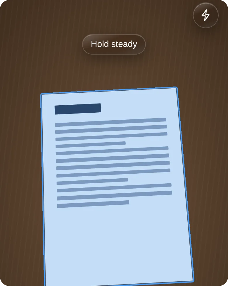A letter seen through the CrispCopy camera, edges detected and highlighted in blue, with a Hold steady prompt