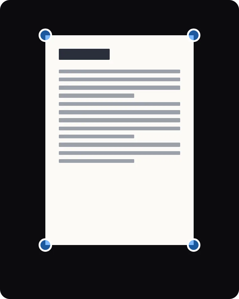 CrispCopy page editor showing the scanned letter with a round handle on each corner of the crop
