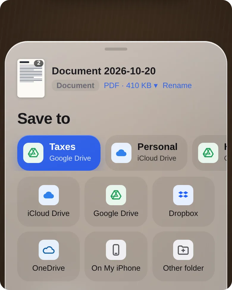 CrispCopy save sheet titled Save to, with a recent Taxes folder in Google Drive and tiles for iCloud Drive, Google Drive, Dropbox, OneDrive, On My iPhone and Other folder