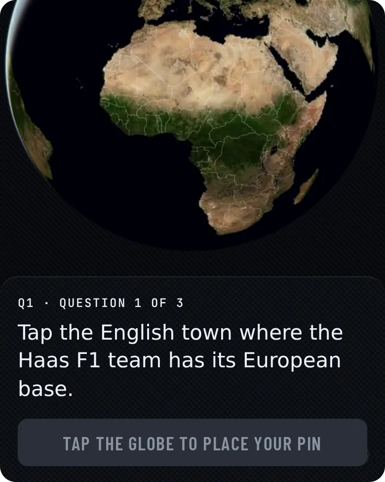 GeoGrandPrix clue card asking for the English town where the Haas F1 team has its European base