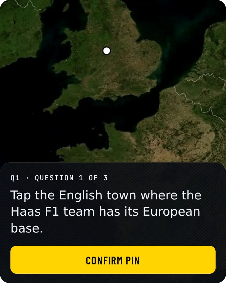 Zoomed satellite map of England with a white pin placed and a Confirm pin button below the clue