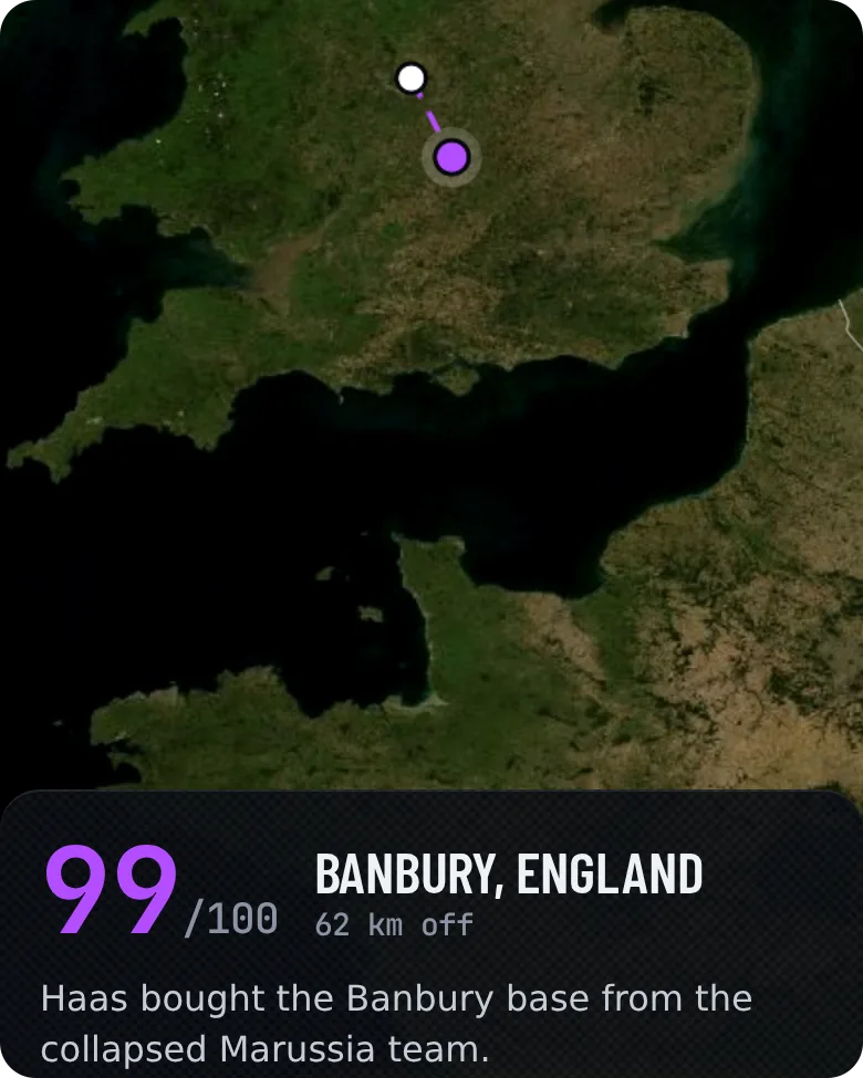 GeoGrandPrix result showing 99 out of 100 for Banbury, England, 62 km off, with the pin and the answer joined on the map