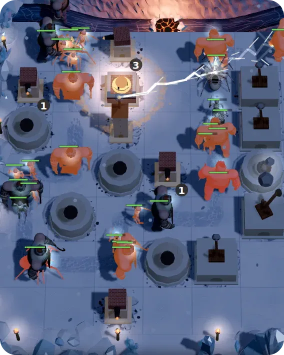 A snake-shaped maze of towers on a snowy board, with creeps winding through it towards the exit