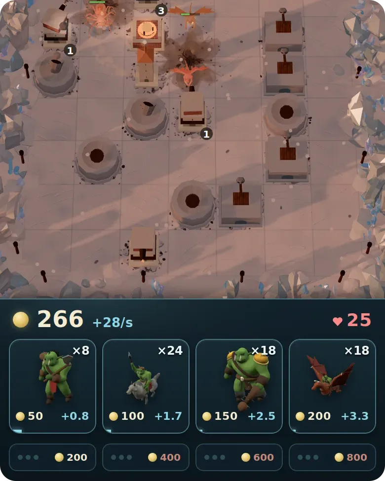 Oathstone TD send bar with four creep types and their gold costs under your maze, while a match is under way