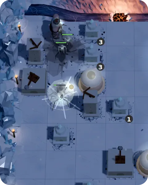 An Ice and Stone tower combo shattering a frozen creep inside the maze