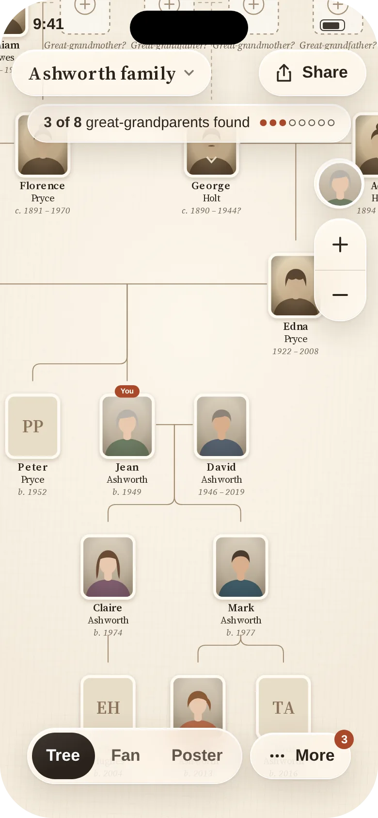 Treehold family tree for the Ashworth family, showing photos and names across four generations, with 3 of 8 great-grandparents found