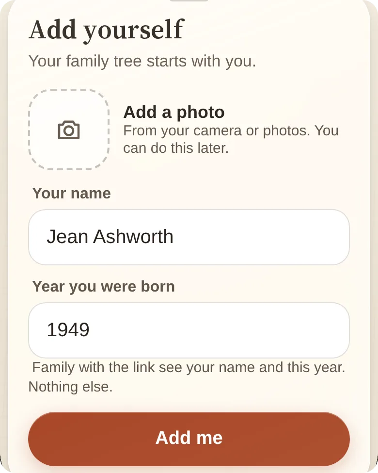 Treehold Add yourself sheet with the name Jean Ashworth, born 1949, and an Add me button