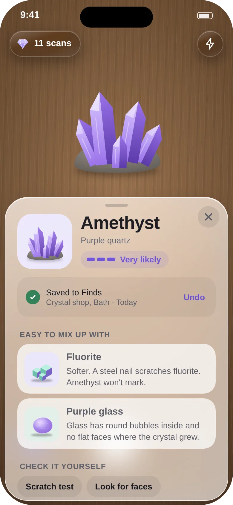 WhatStone result for an amethyst crystal: Very likely, saved to Finds, with fluorite and purple glass listed as easy to mix up