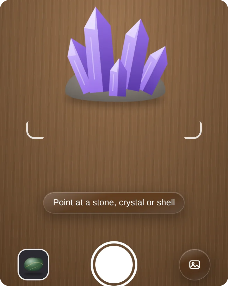 WhatStone camera pointed at a purple crystal on a wooden table, with the shutter button below