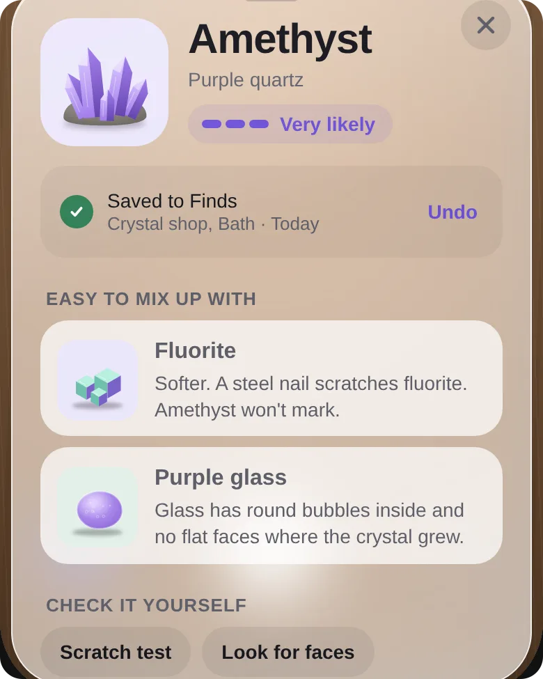 WhatStone result card naming the find as amethyst, marked Very likely, with fluorite and purple glass shown as look-alikes