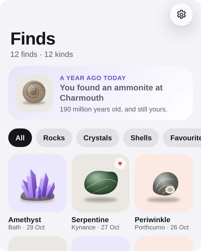 WhatStone Finds screen with 12 finds in a grid, including amethyst, serpentine and periwinkle, each with a place and date